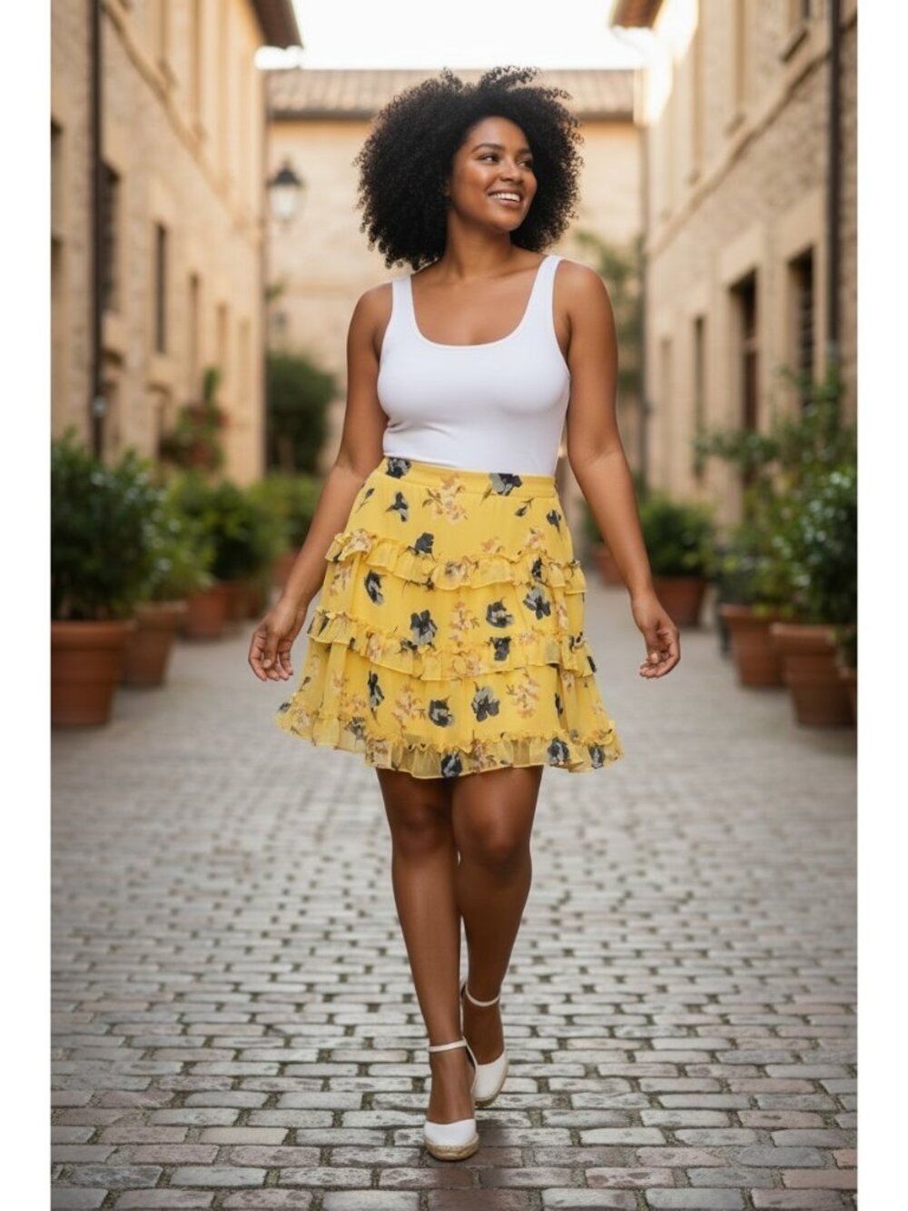Lauren Ralph Lauren Size 16 Butter Yellow Floral Print Tiered Mini Skirt Dainty